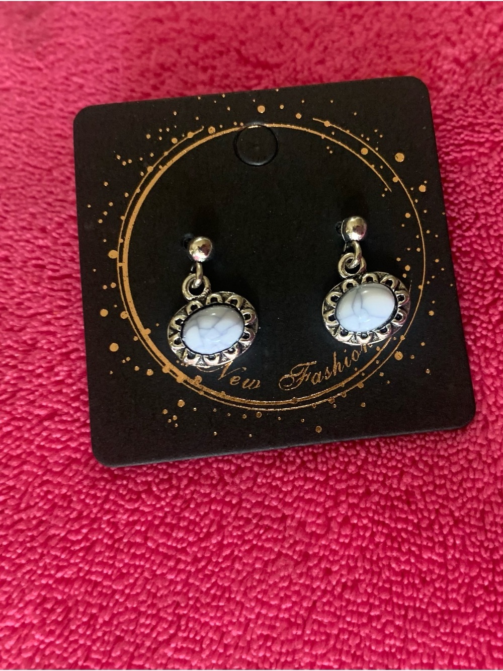 Silver-Tone Drop Earrings with White Marbled Stone